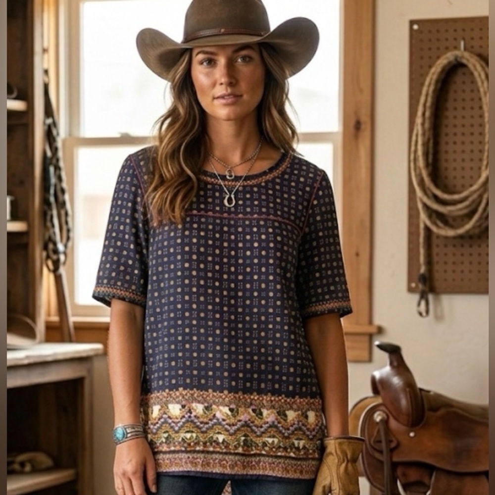 Holding Horses Anthropologie Navy Embroidered Boho Western Top Size 12